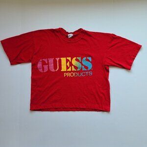 Vintage 80s 90s Cropped Guess Graphic T-shirt M Red Spellout Single Stitch
